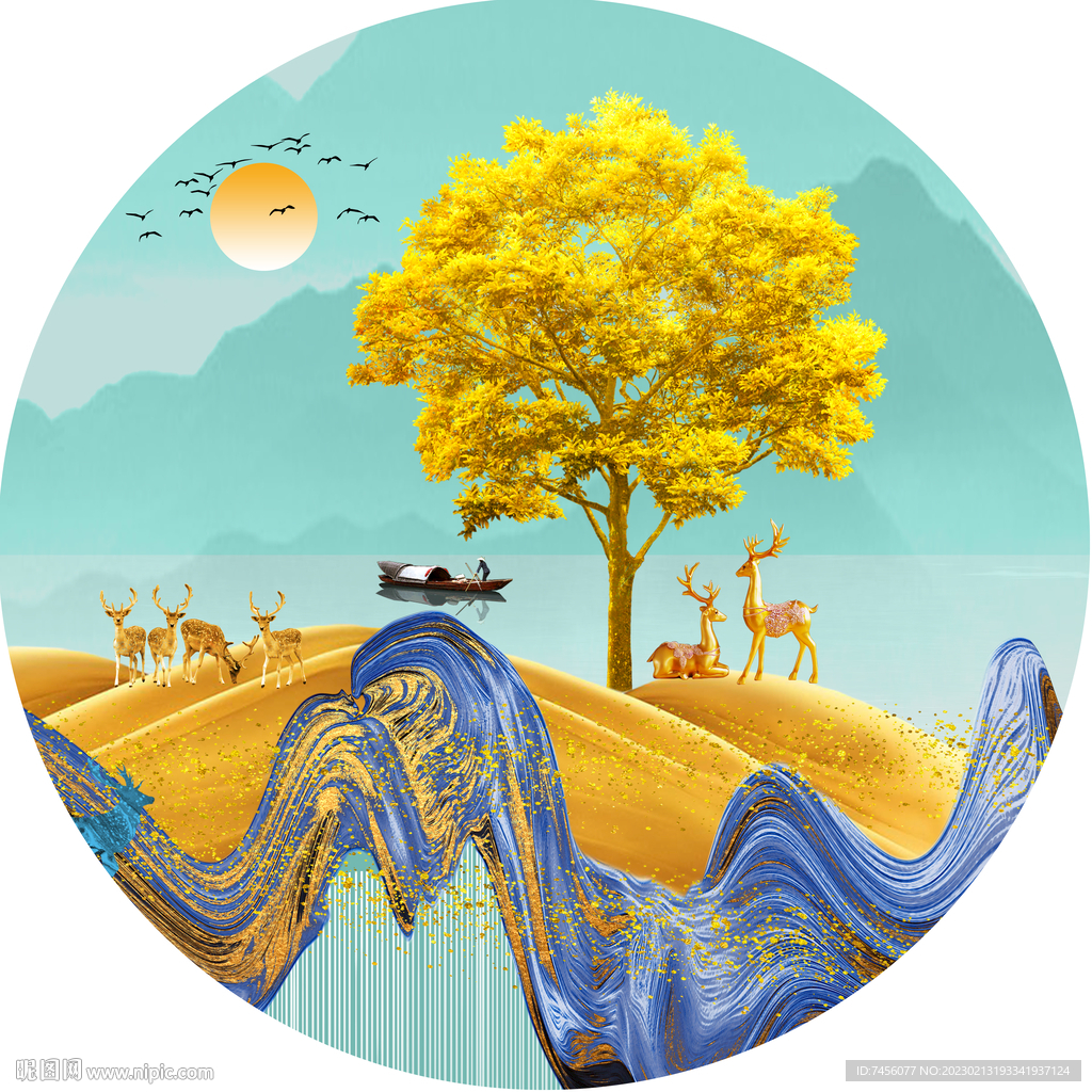发财树麋鹿水彩圆形挂画装饰画