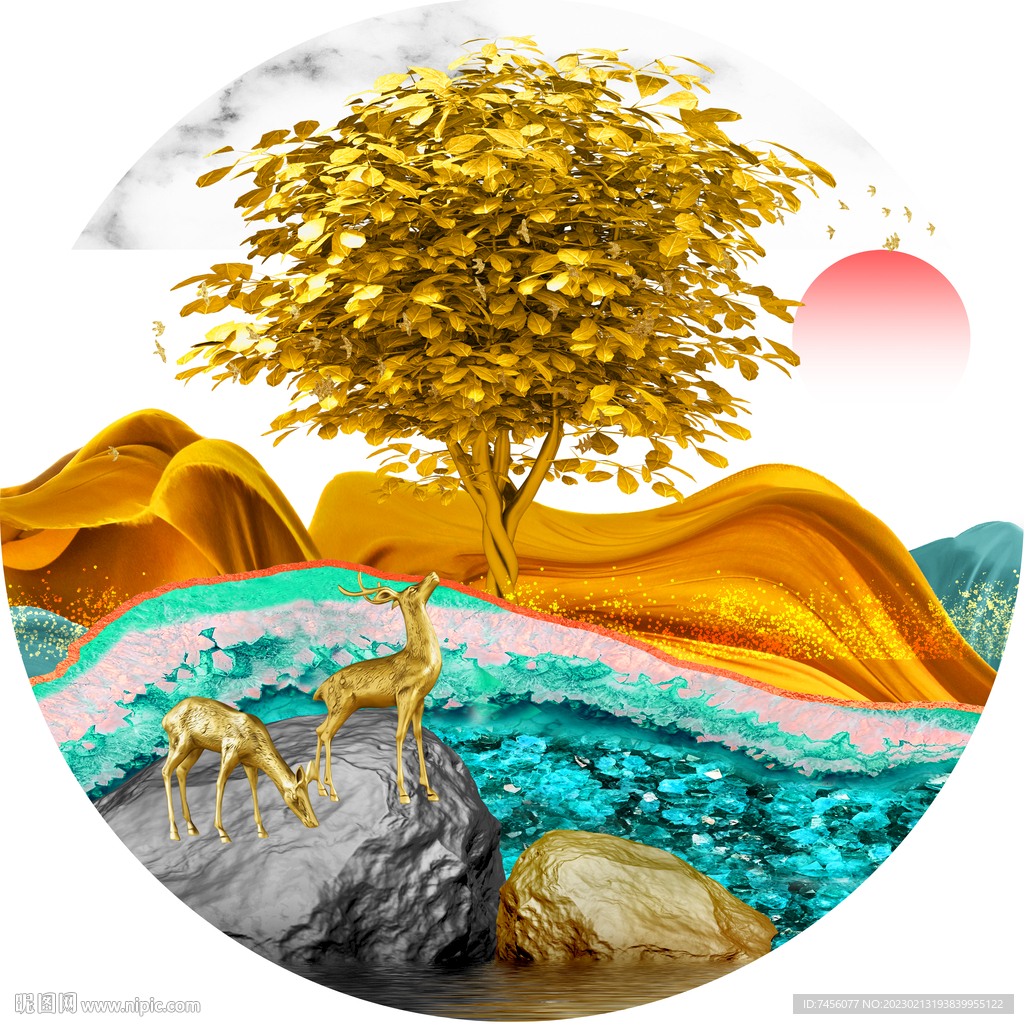 发财树湖畔美景圆形挂画装饰画