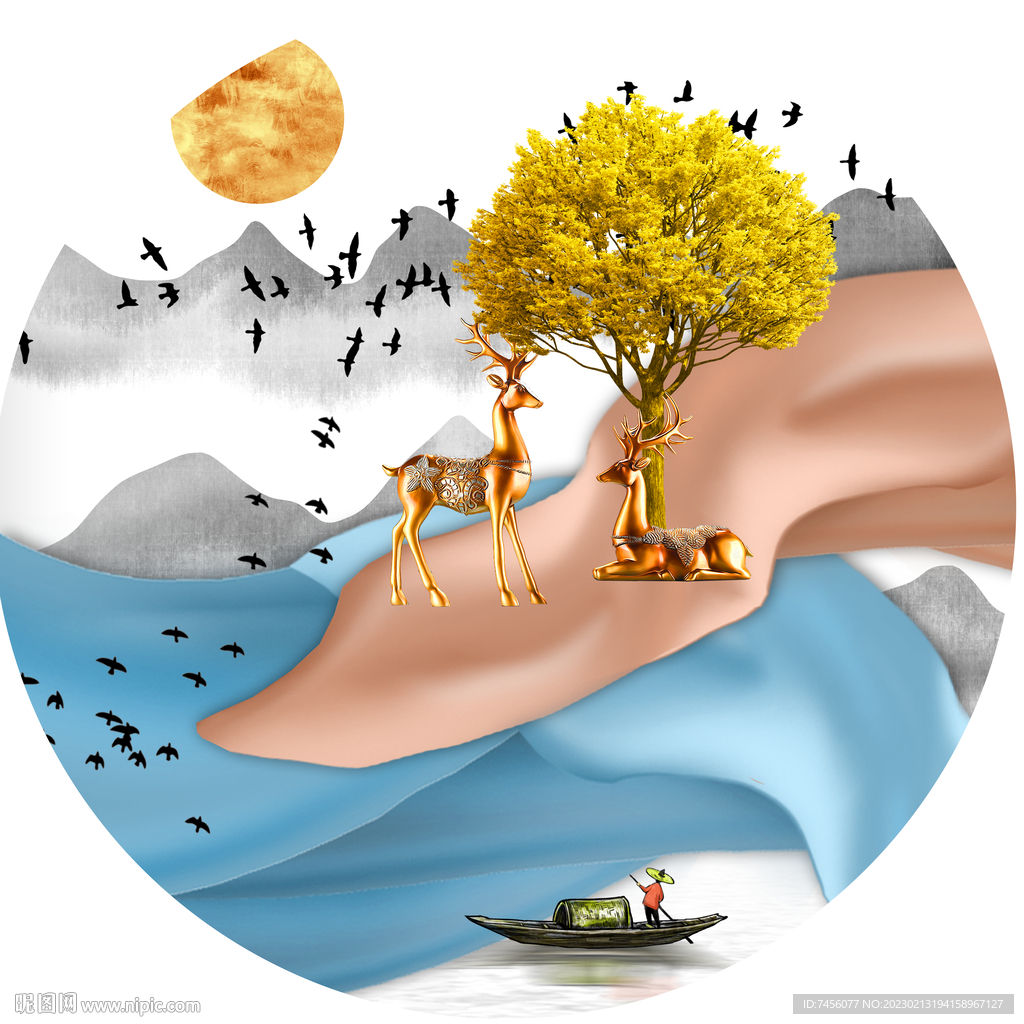 发财树麋鹿湖畔圆形挂画装饰画