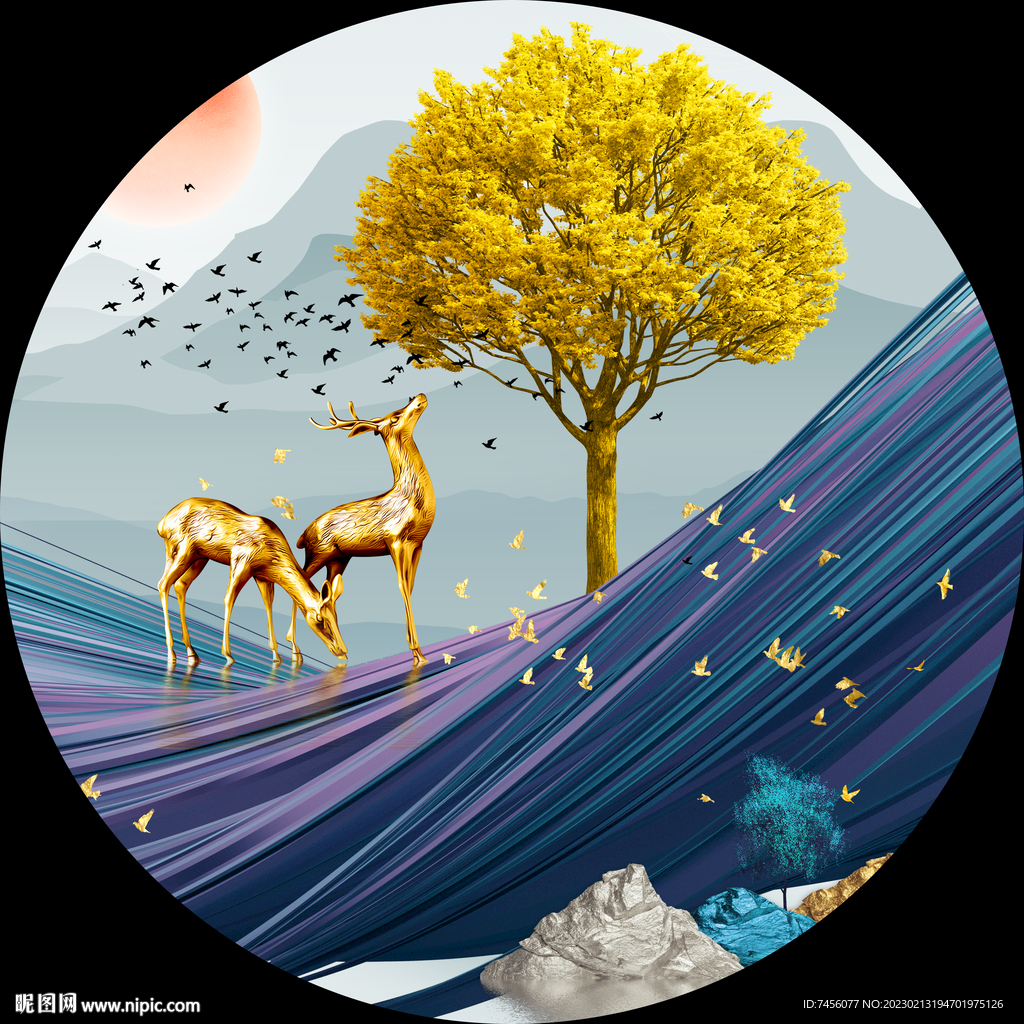 发财树麋鹿水彩圆形挂画装饰画