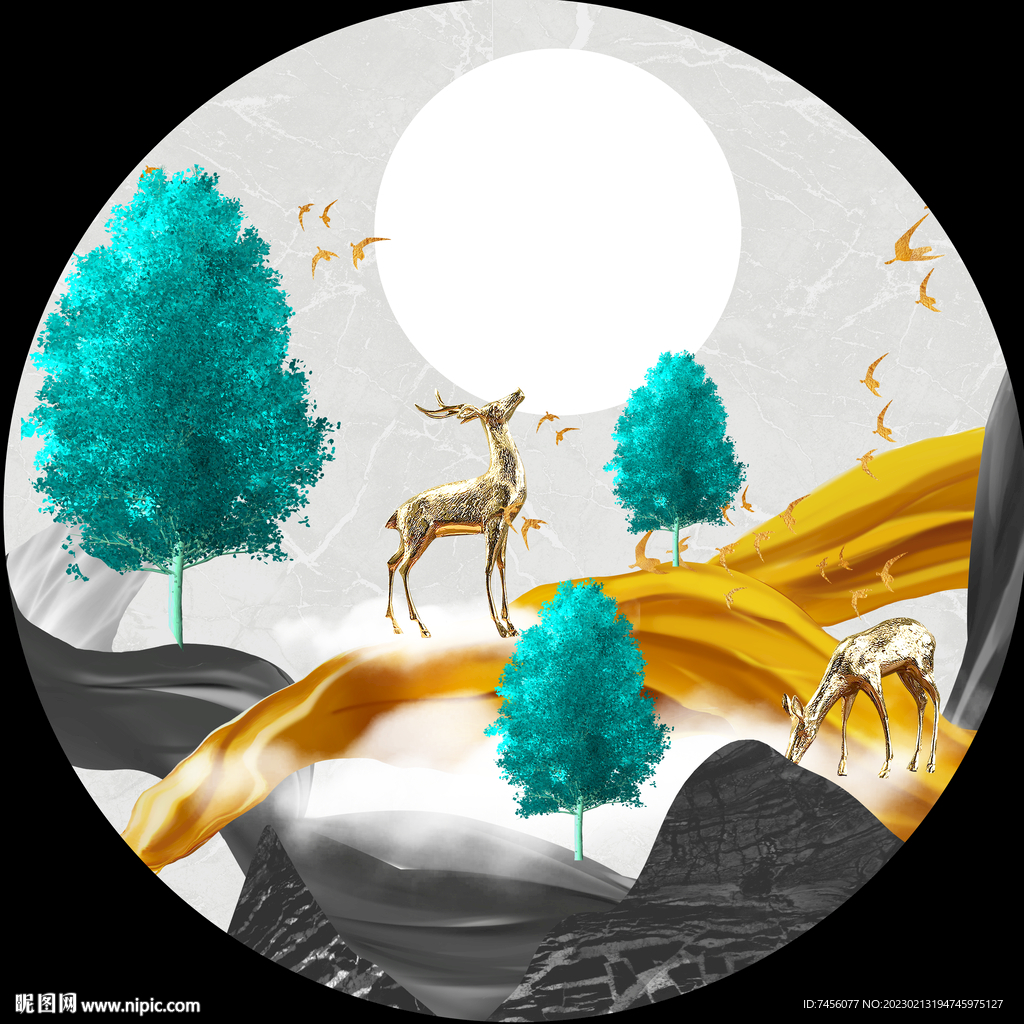 水彩树麋鹿圆形挂画装饰画