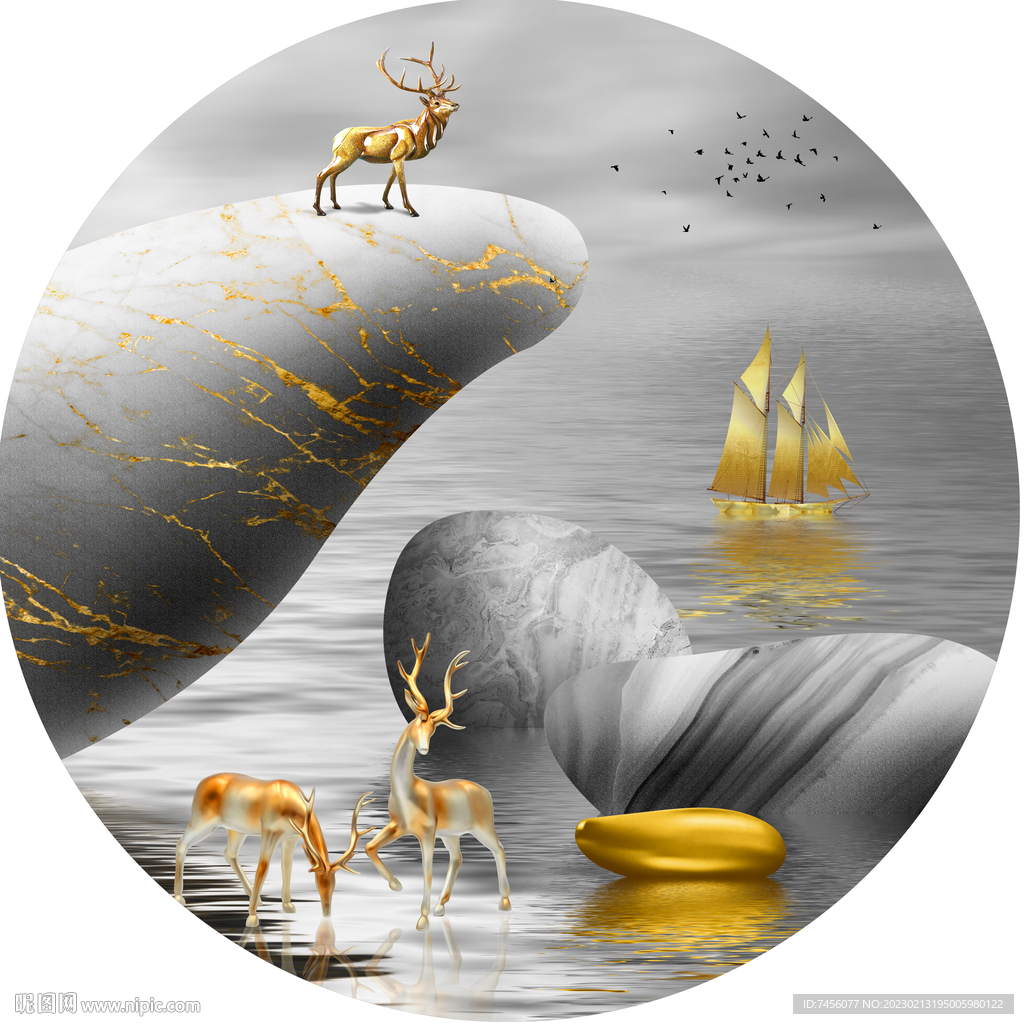 湖畔麋鹿水彩圆形挂画装饰画