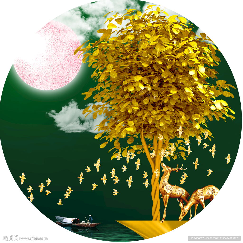 发财树飞鸟麋鹿圆形挂画装饰画