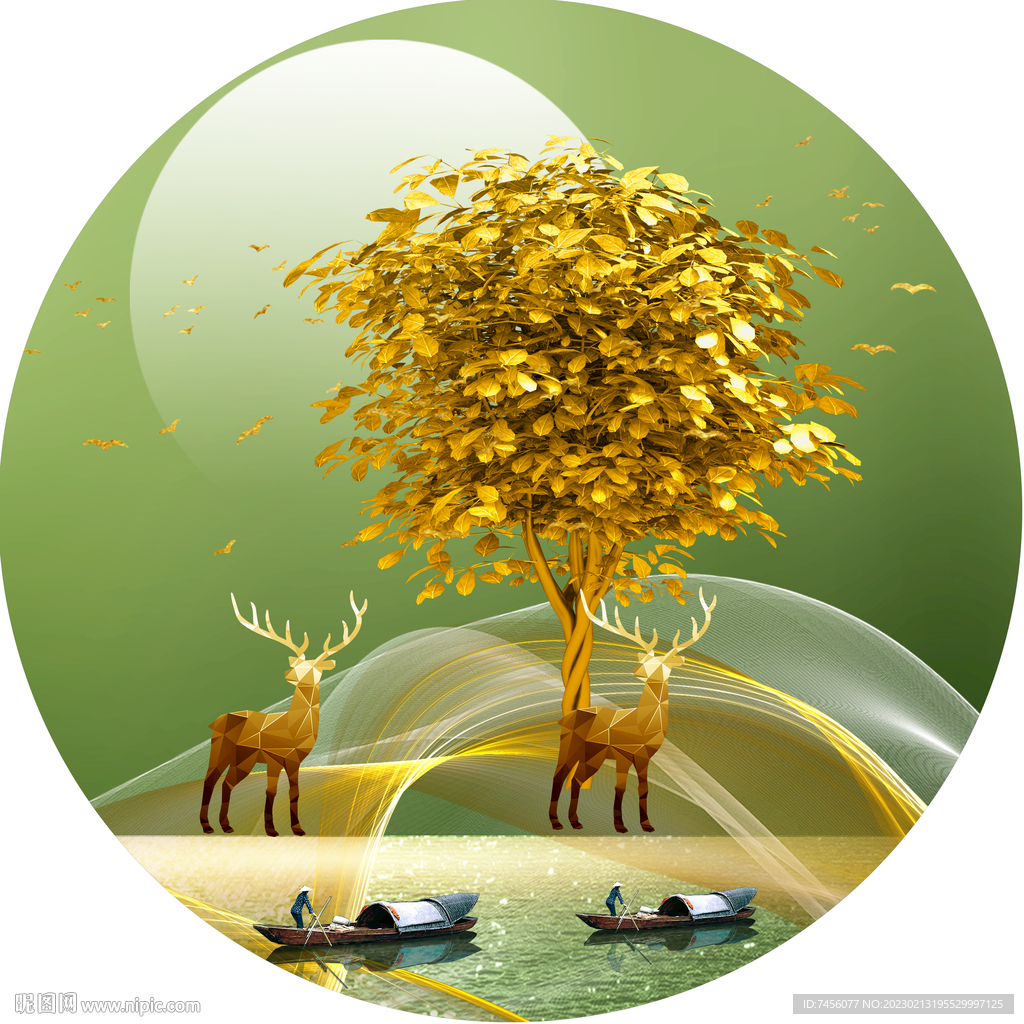 发财树湖畔美景挂画装饰画