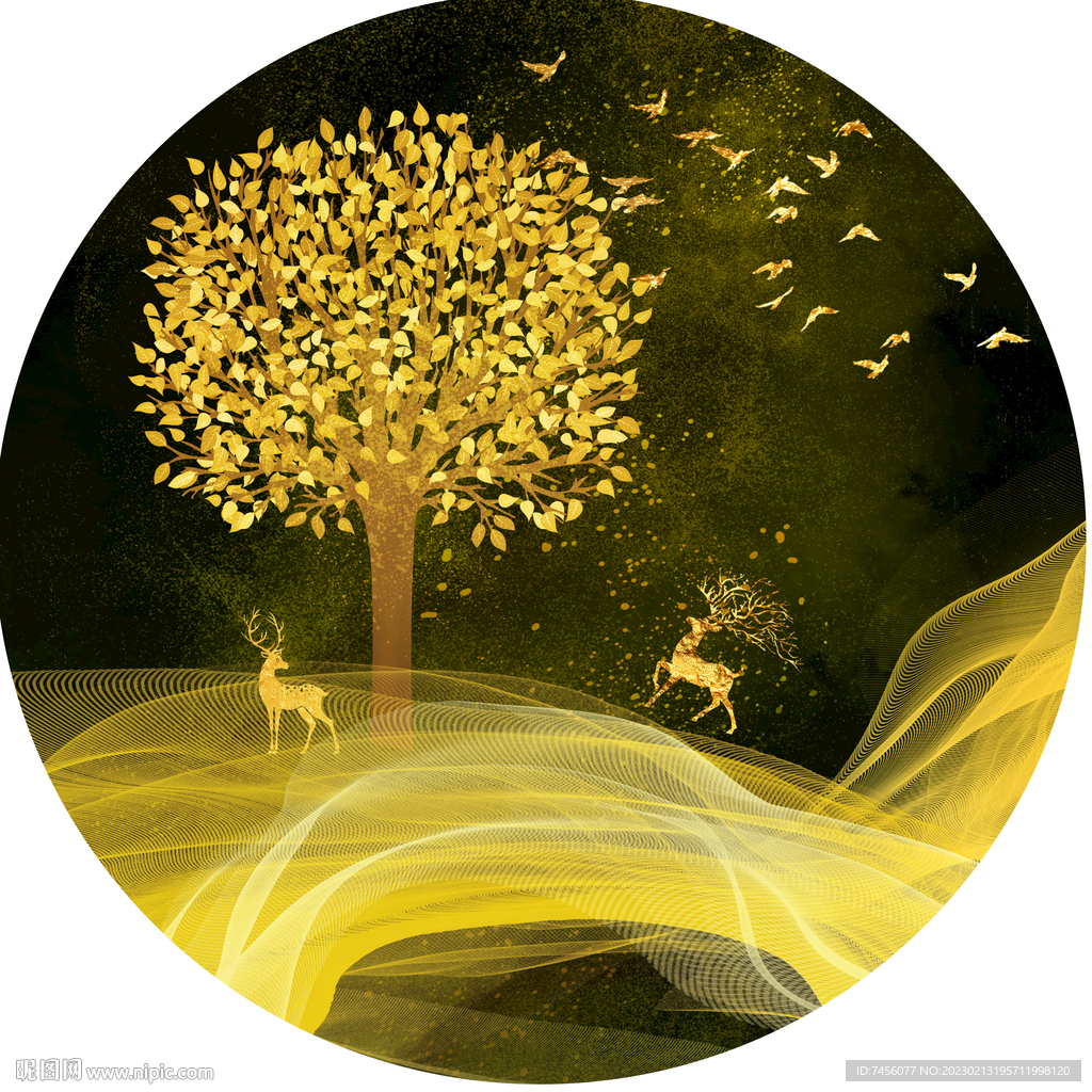 飞鸟麋鹿大树圆形挂画装饰画