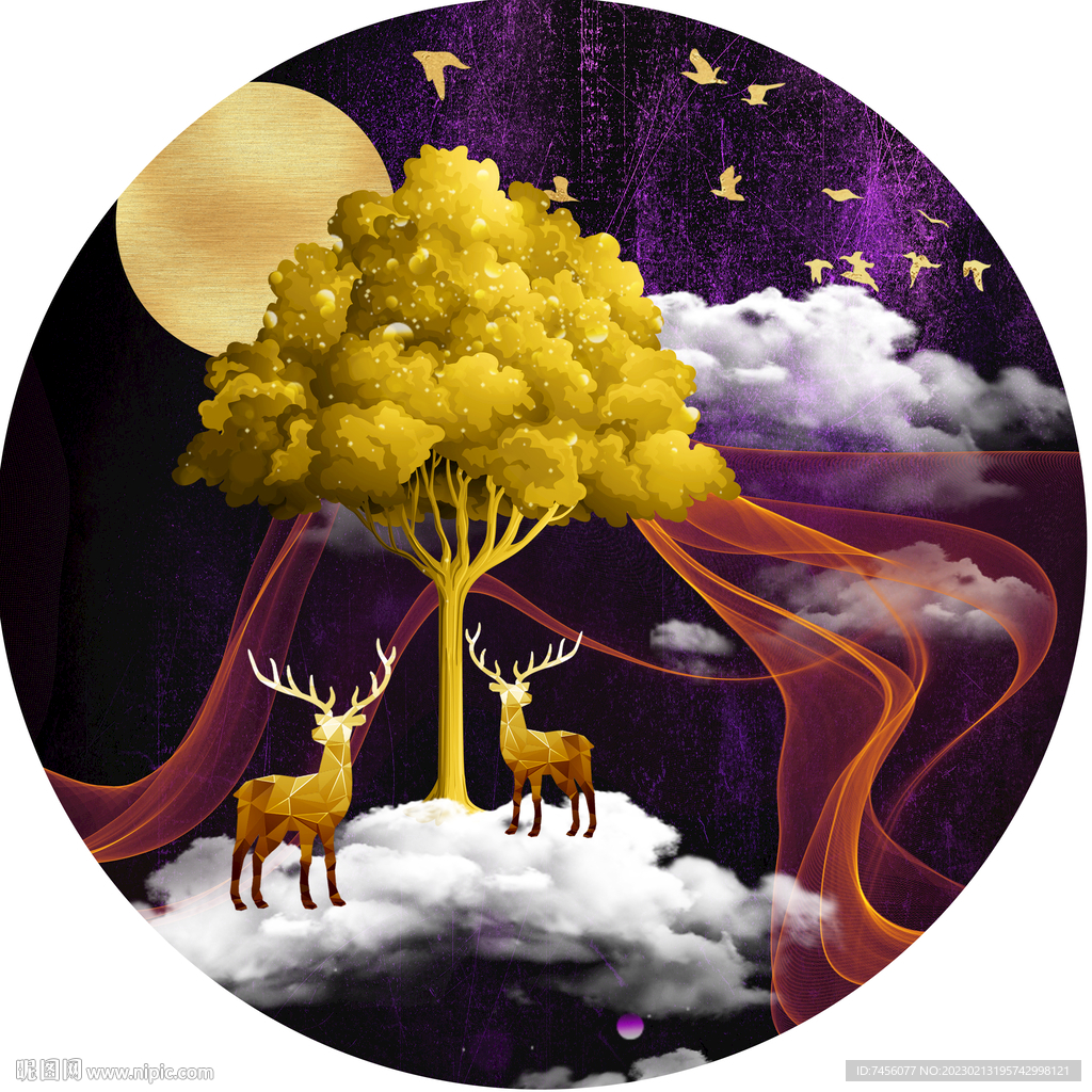 发财树麋鹿圆形挂画装饰画