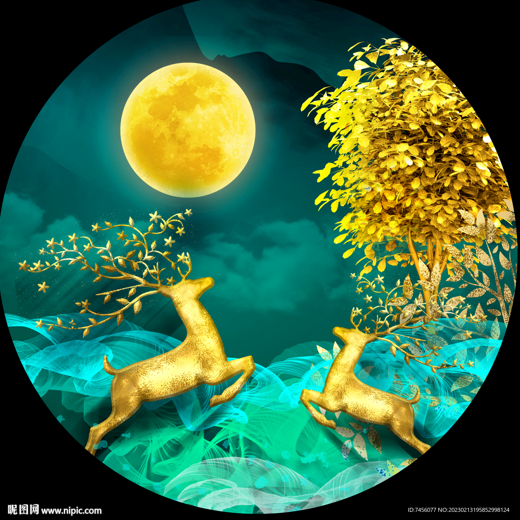 明月麋鹿圆形挂画装饰画