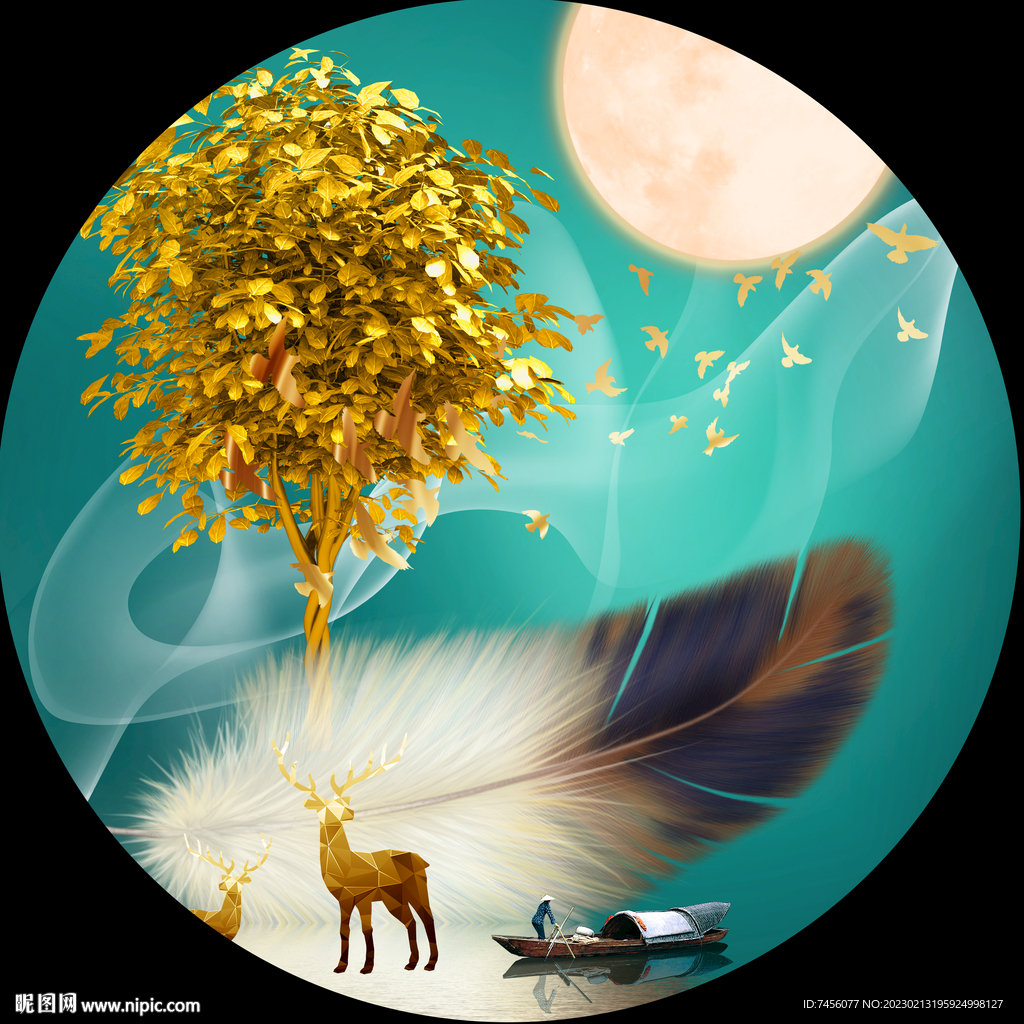 羽毛麋鹿湖畔圆形挂画装饰画