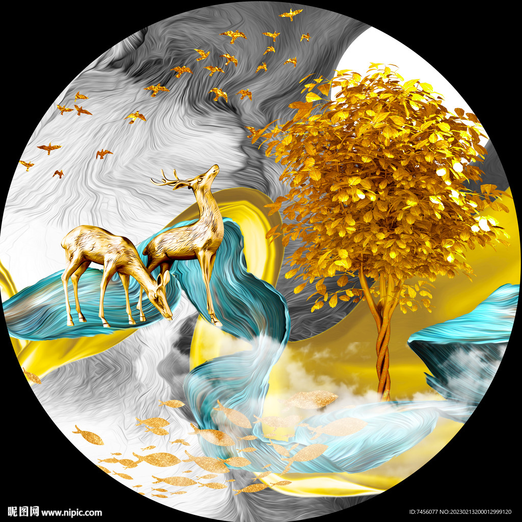 飞鸟麋鹿圆形挂画装饰画