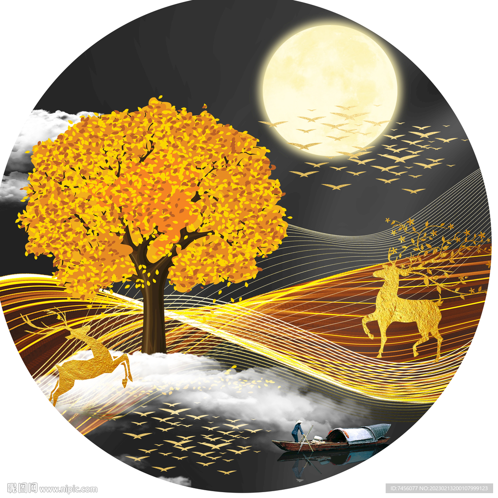 唯美发财树麋鹿圆形挂画装饰画