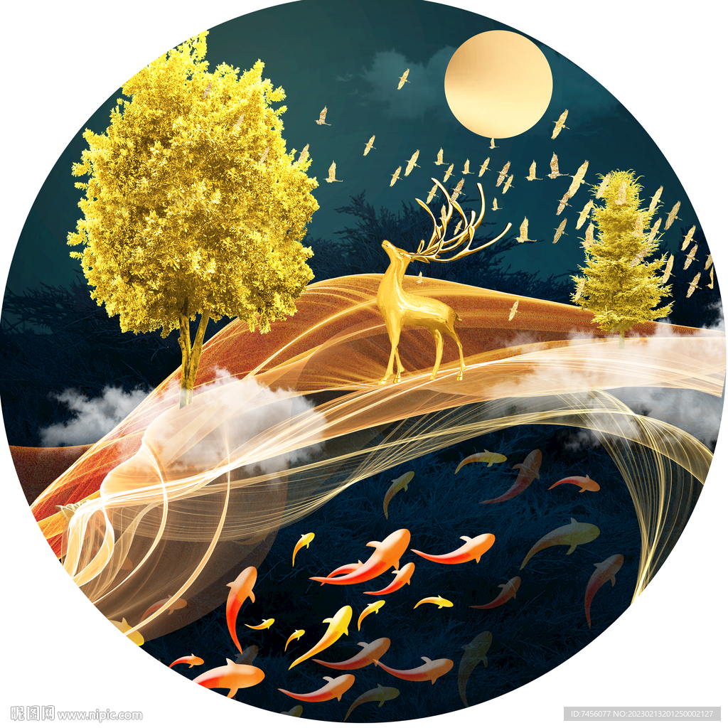 唯美湖畔游鱼美景挂画