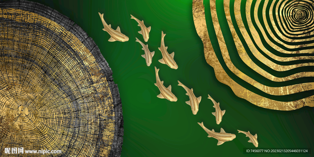 九鱼图水彩金箔挂画装饰画