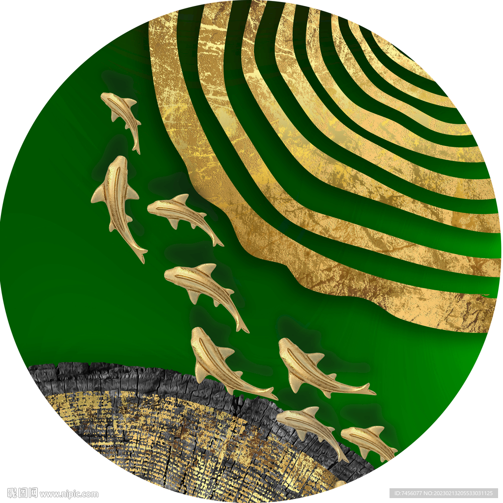 游鱼木纹水彩圆形挂画装饰画