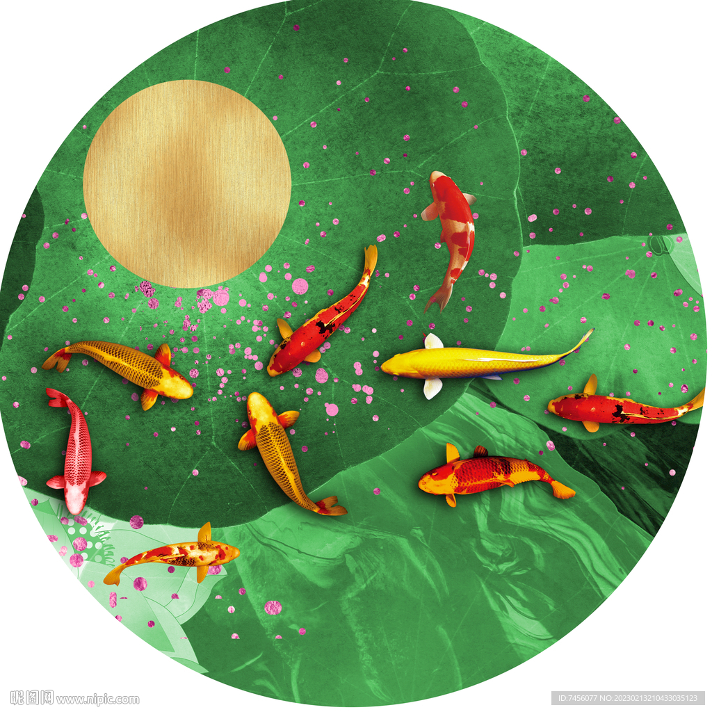 水彩游鱼圆形挂画装饰画