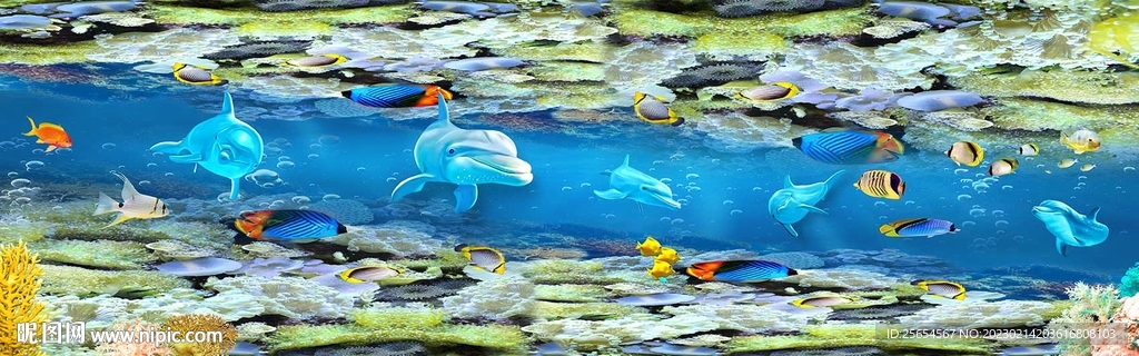 海底世界海豚3D全屋背景墙