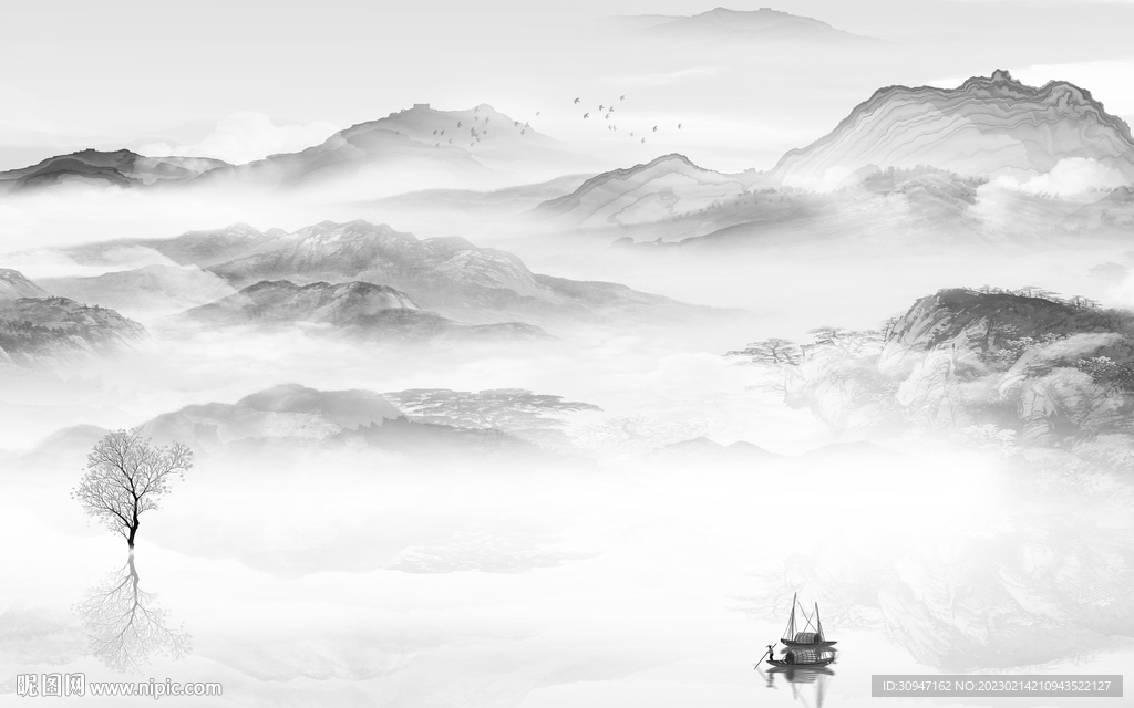 新款 意境灰色山水 Tif分层