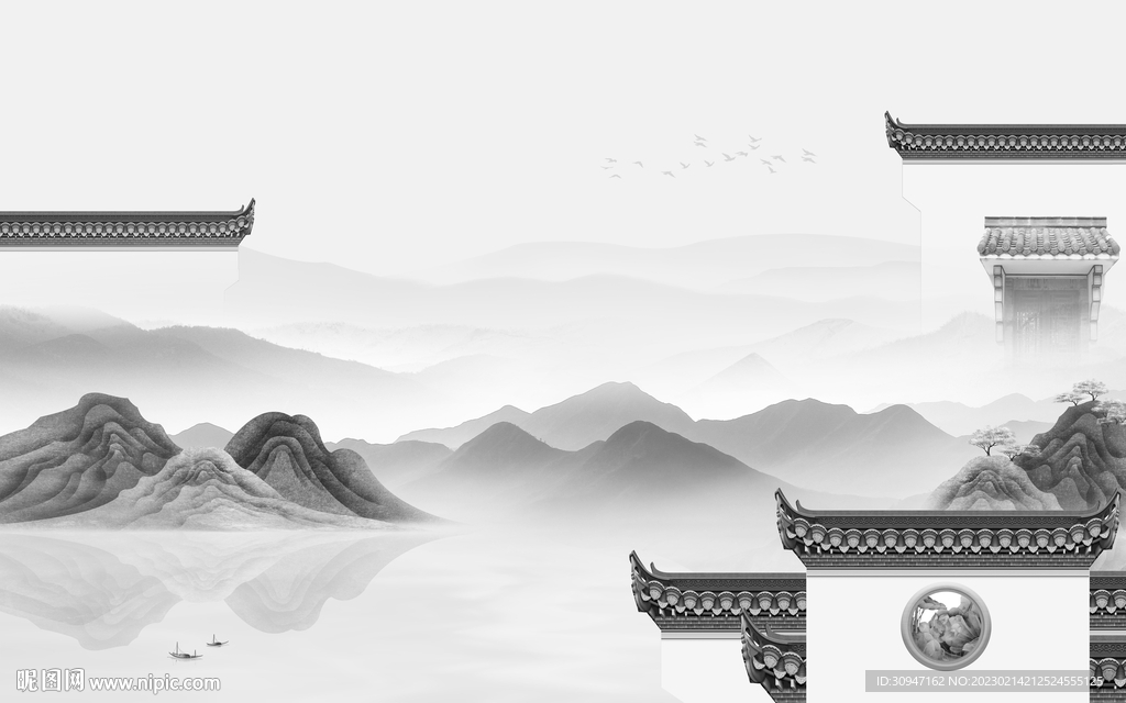 高档 意境灰色山水 Tif分层