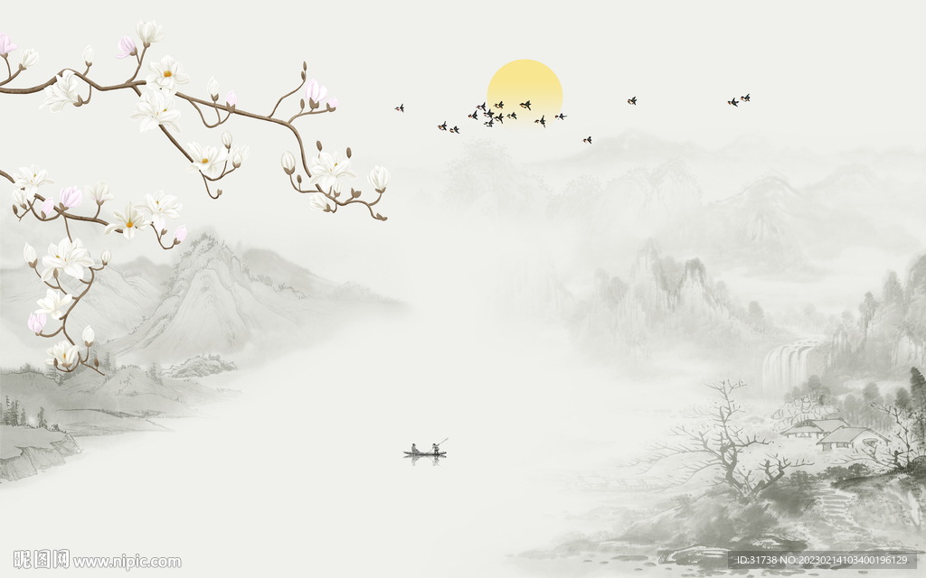 中式玉兰水墨山水花鸟背景墙