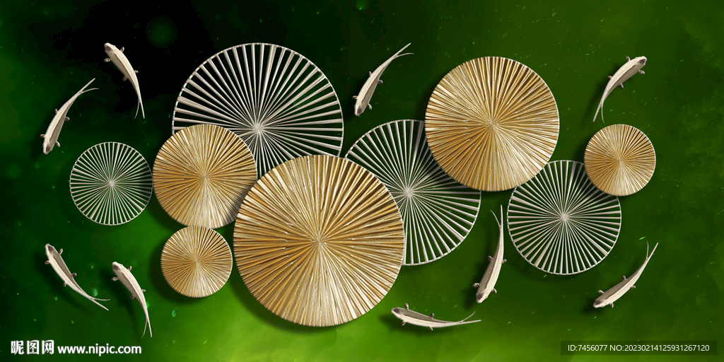 游鱼金箔圆形挂画装饰画