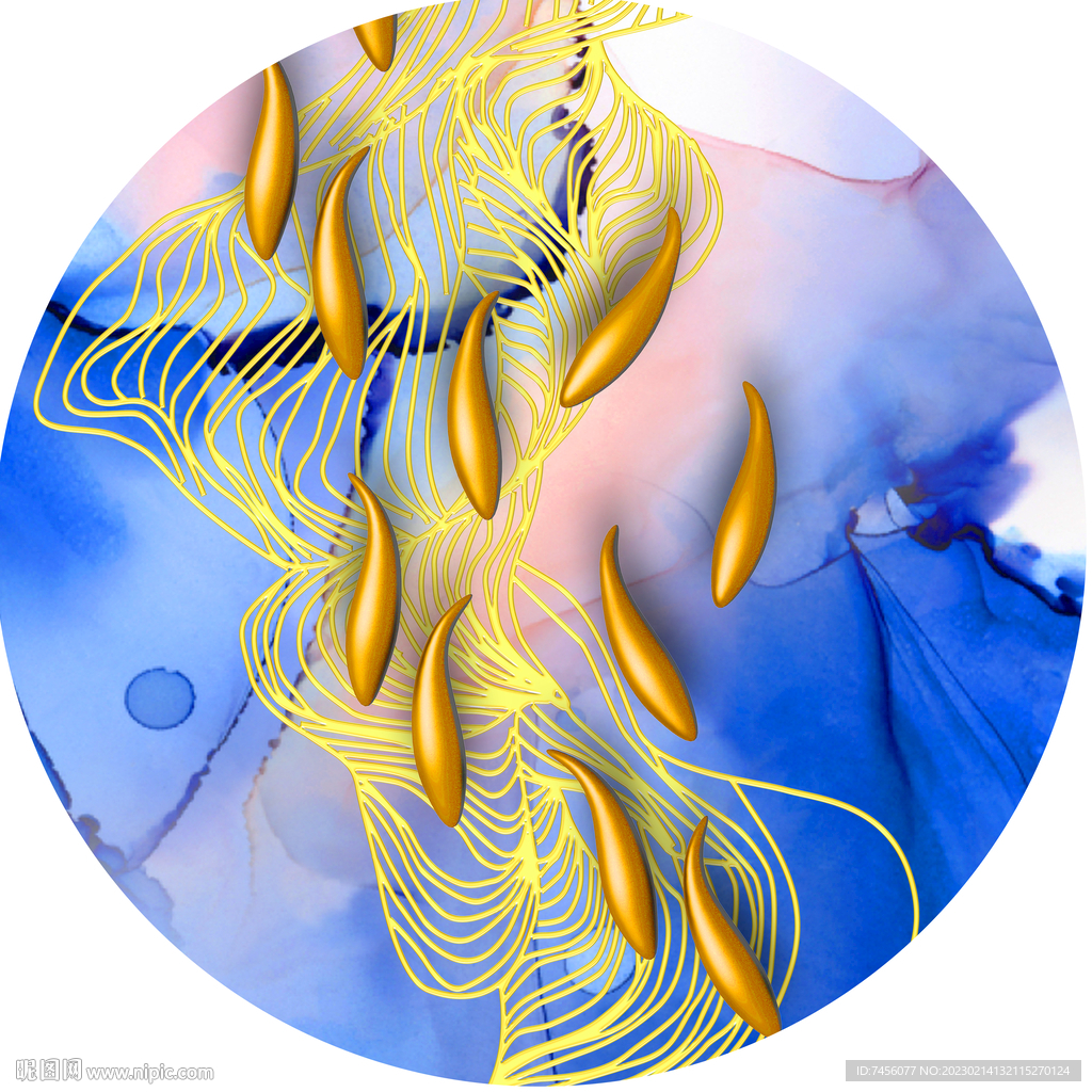 金色游鱼水彩圆形挂画装饰画