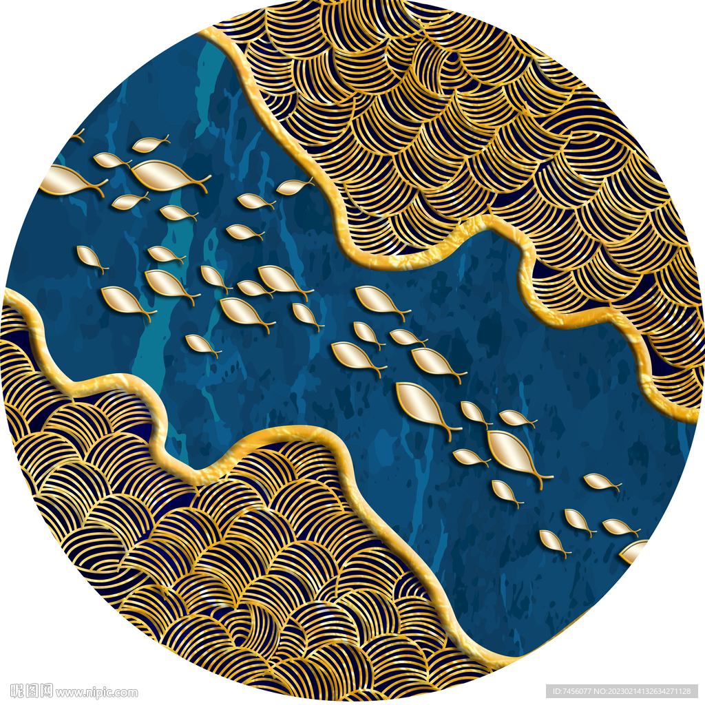 河畔游鱼金箔圆形挂画装饰画