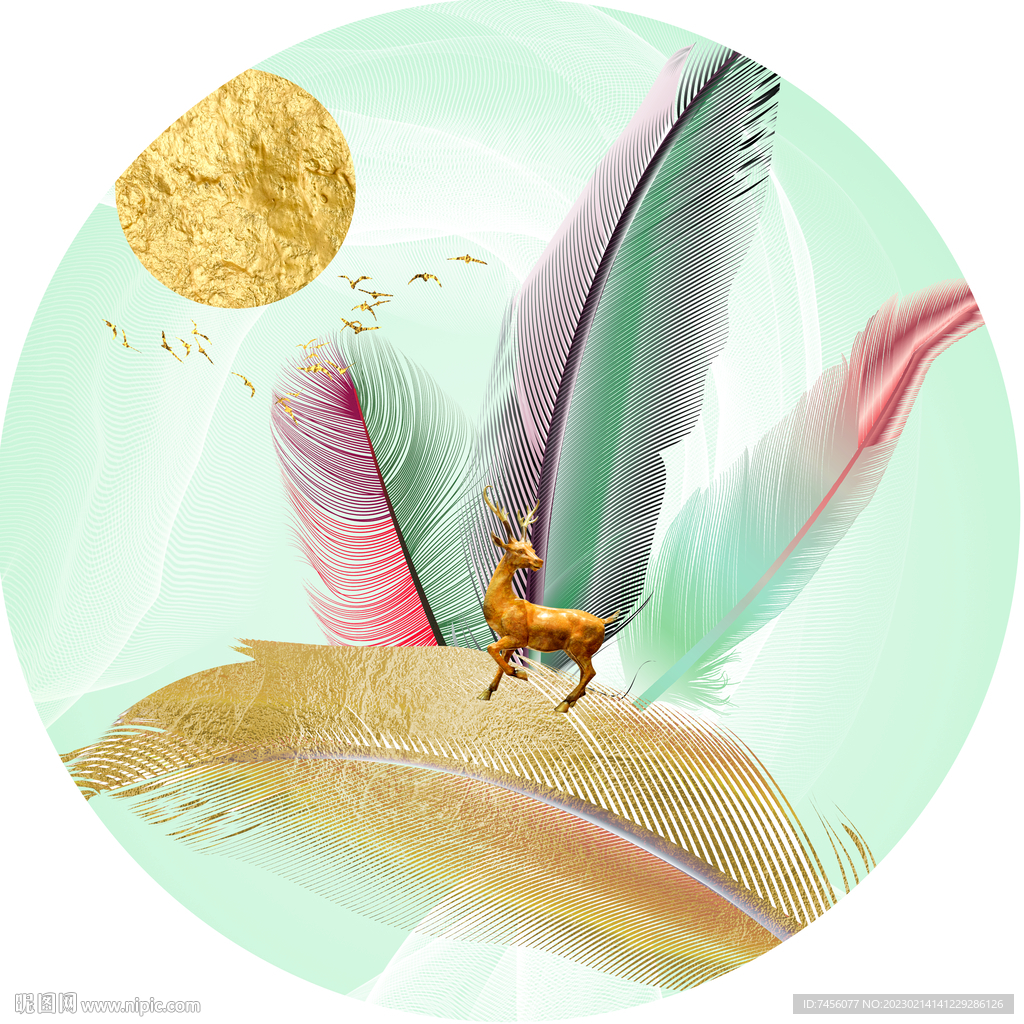 水彩羽毛麋鹿艺术圆形挂画装饰画