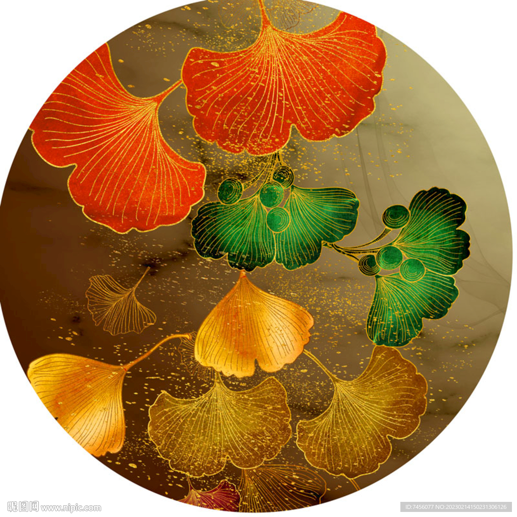 水彩树叶唯美圆形挂画装饰画