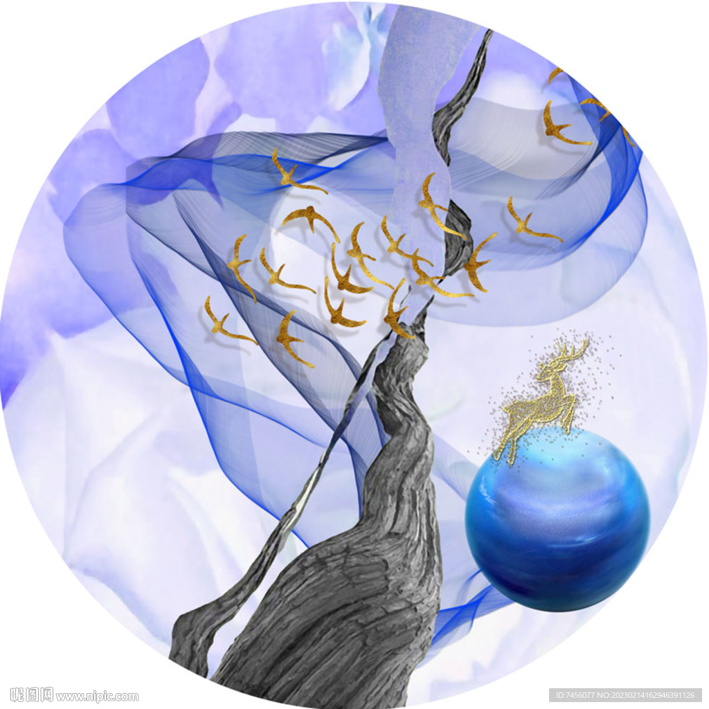 飞鸟麋鹿水墨圆形挂画装饰画