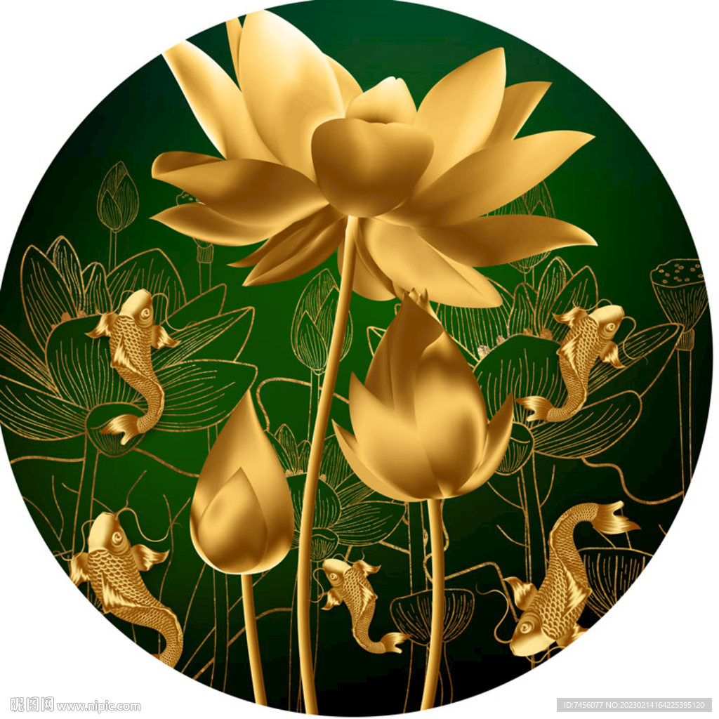 金色莲花游鱼圆形挂画