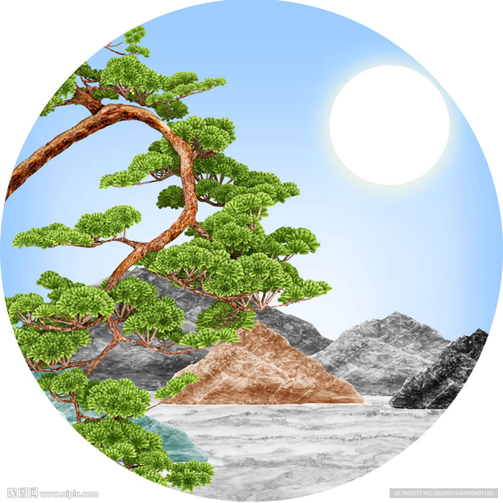 湖泊松树美景圆形挂画装饰画