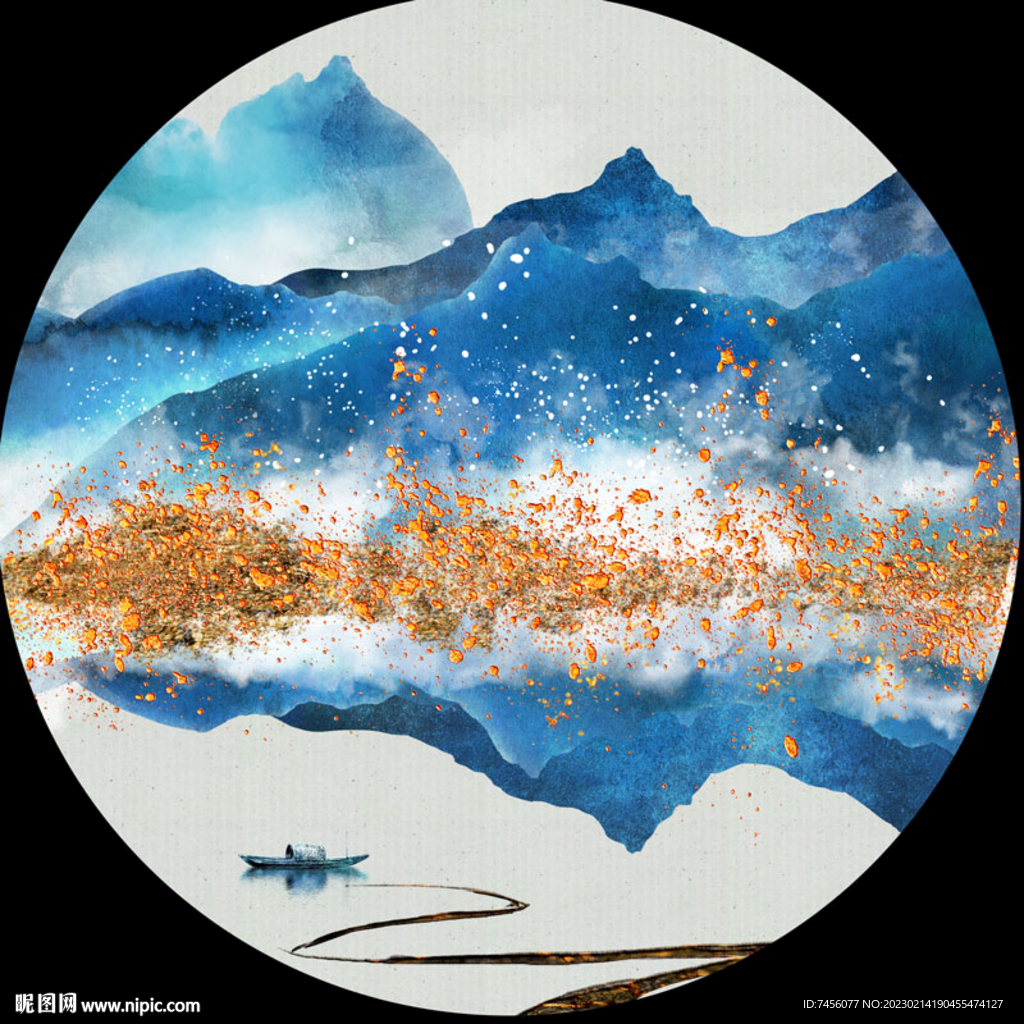 水墨山水湖畔圆形挂画装饰画