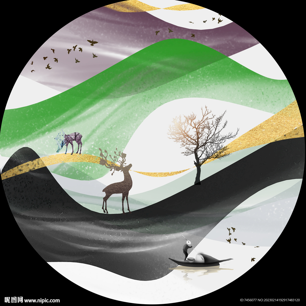 麋鹿山林湖泊圆形挂画装饰画