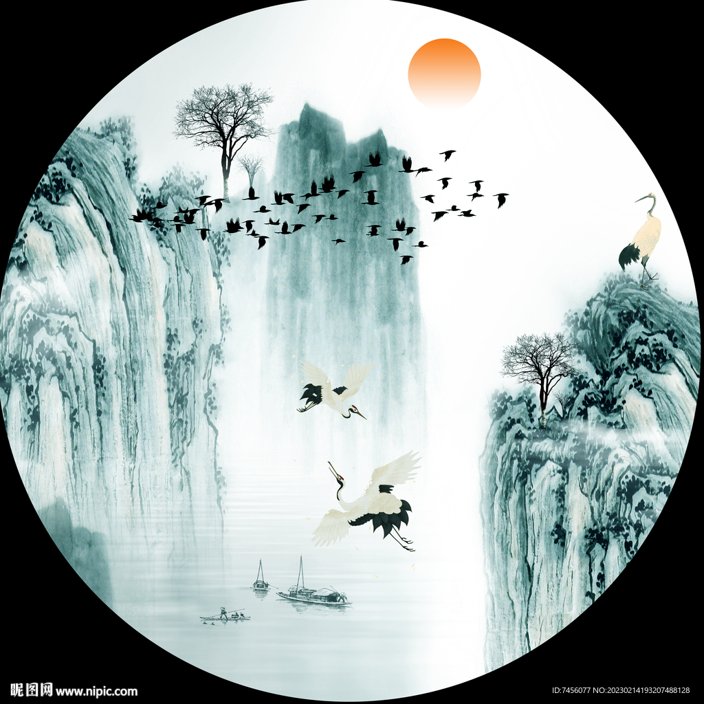 水墨山脉湖畔圆形挂画装饰画
