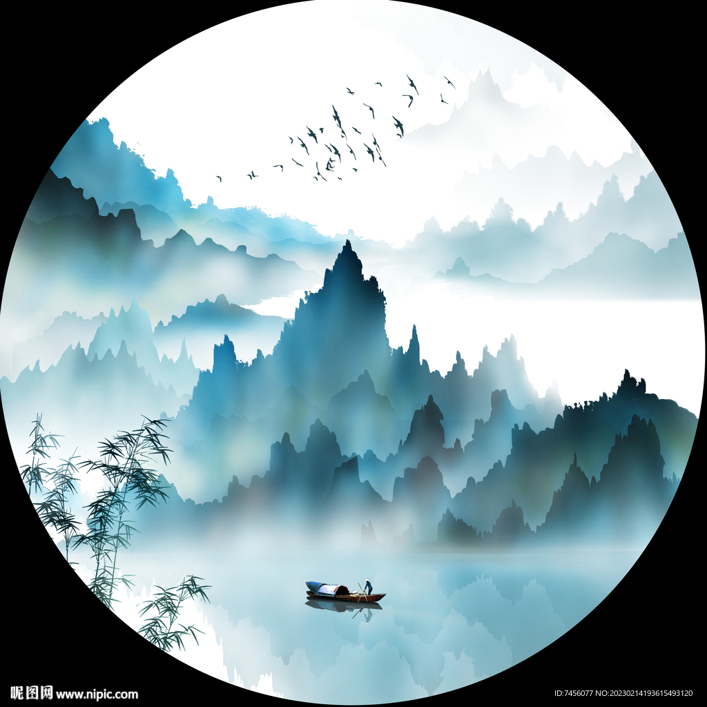 水墨山水湖泊圆形挂画装饰画