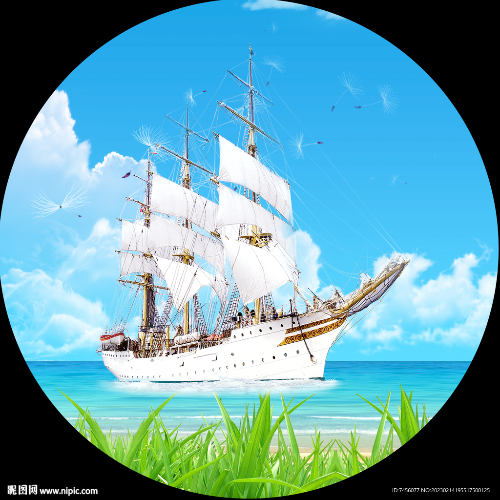 海景帆船圆形挂画装饰画