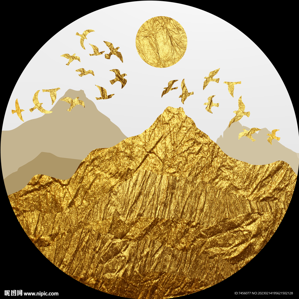 金箔山脉飞鸟圆形挂画装饰画