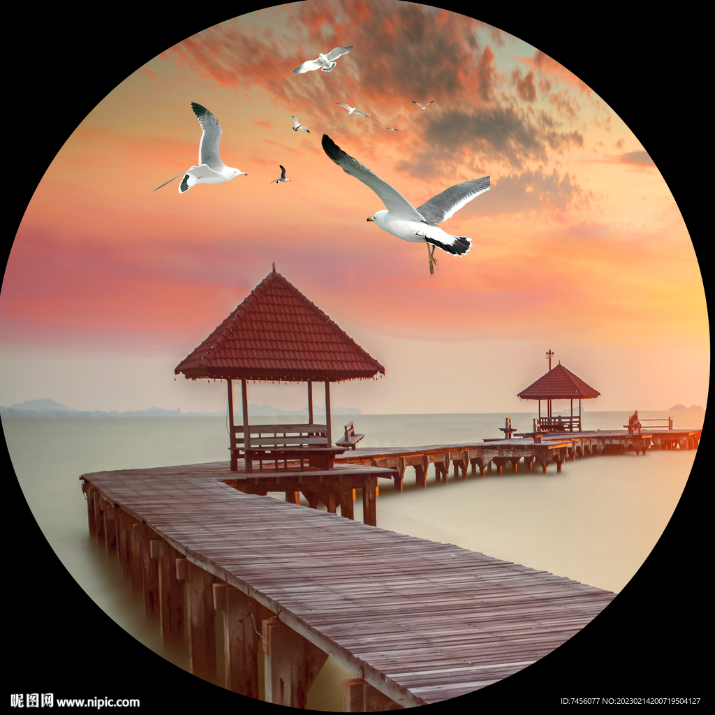 黄昏木桥湖畔圆形挂画装饰画