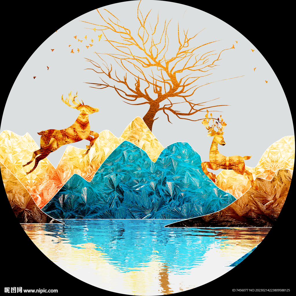 湖畔麋鹿风景画圆形挂画