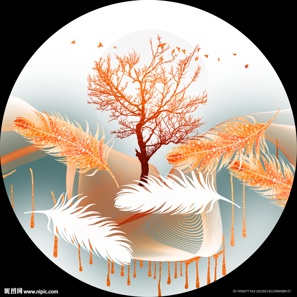 水彩羽毛简约树圆形挂画装饰画