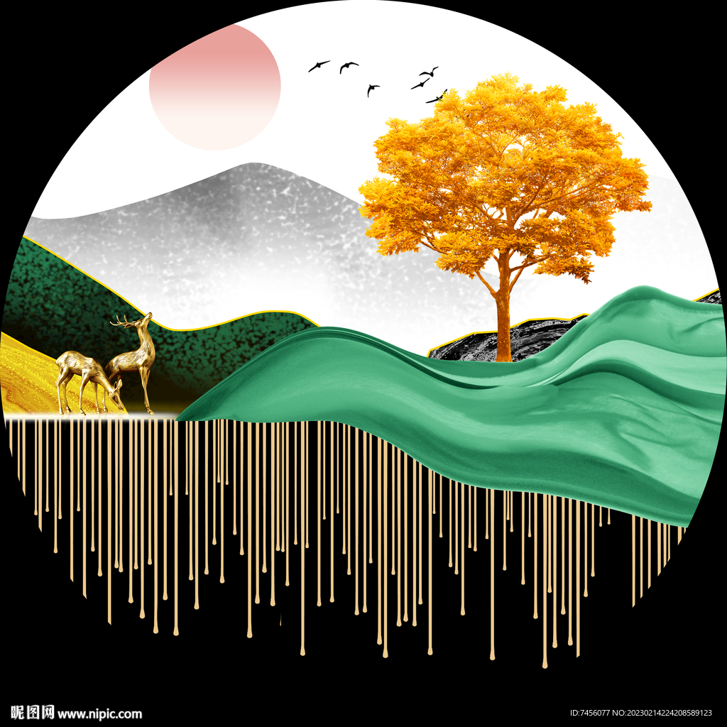 发财树中式美景圆形挂画装饰画