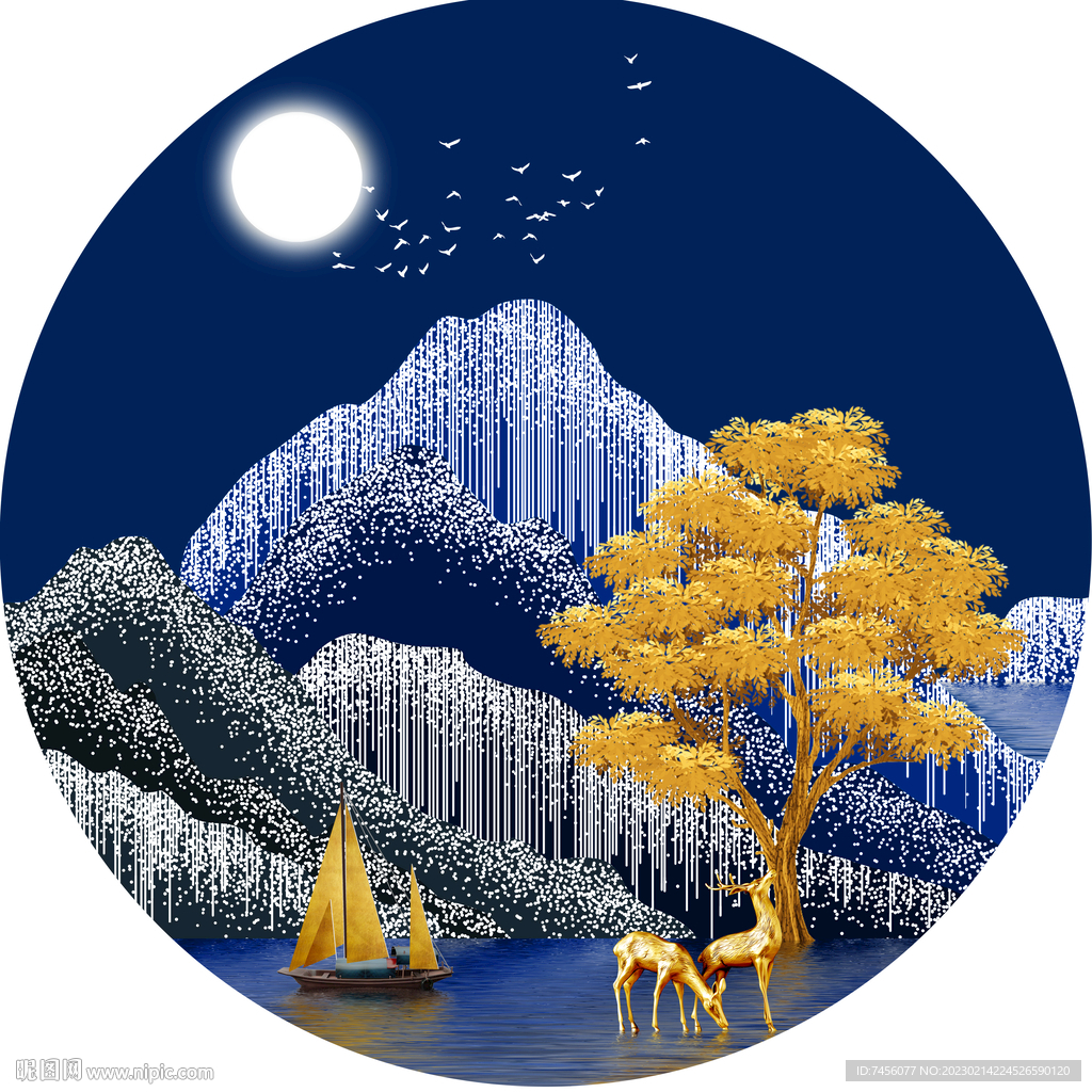 湖畔发财树麋鹿圆形挂画装饰画