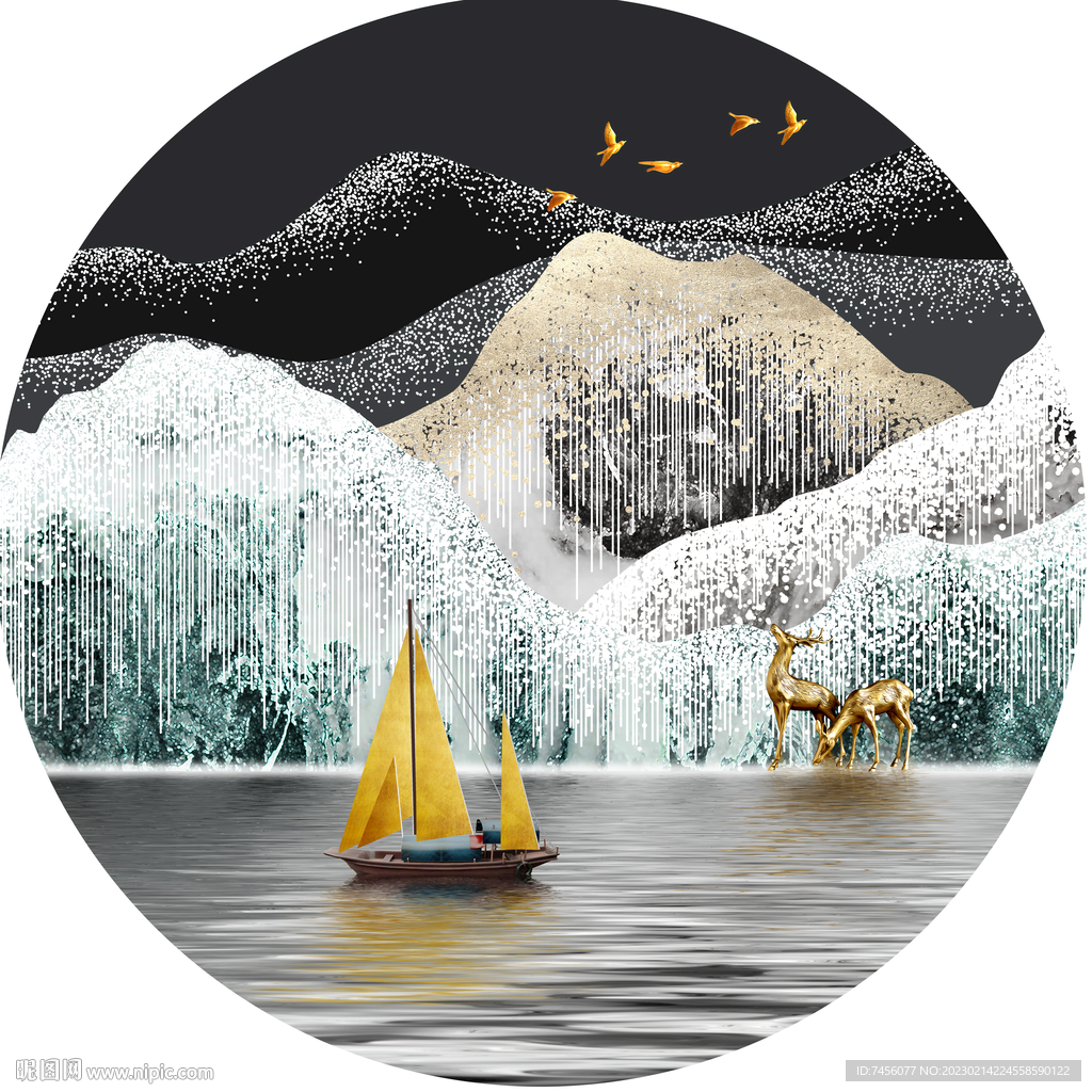湖畔山脉中式圆形挂画装饰画