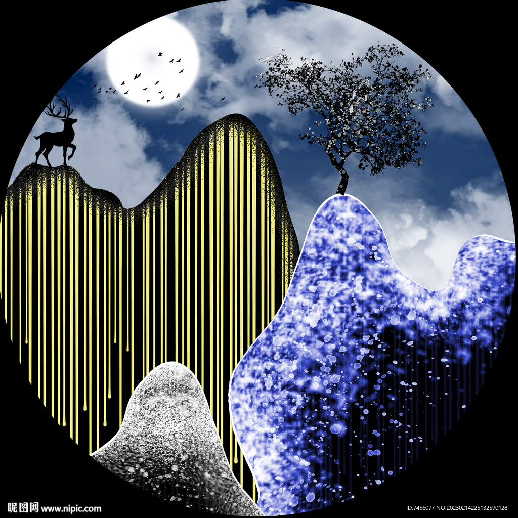 山峦麋鹿水彩圆形挂画装饰画