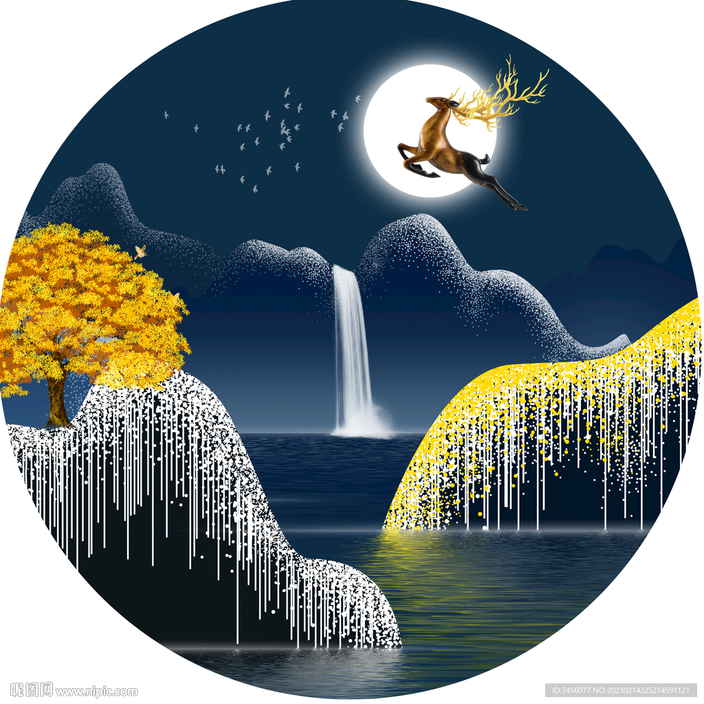 瀑布湖畔麋鹿圆形挂画装饰画