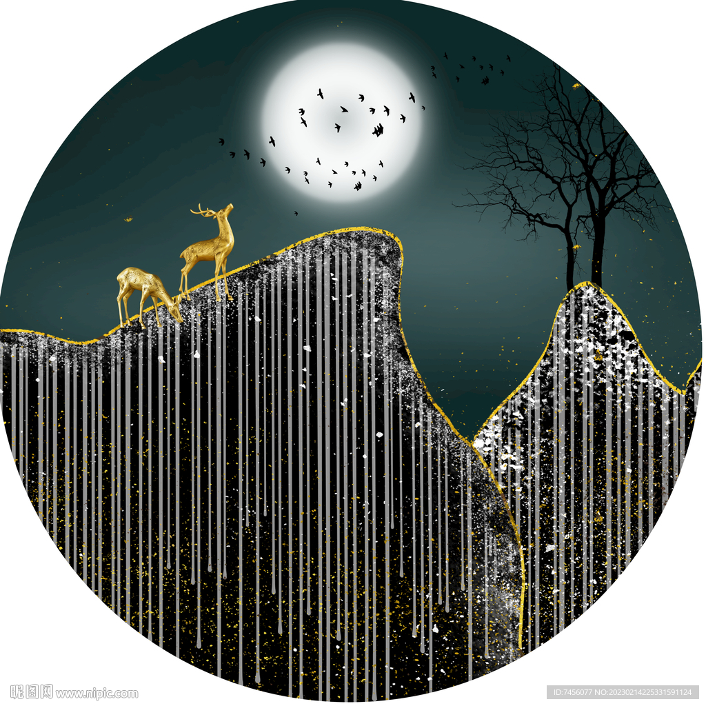 明月麋鹿圆形挂画装饰画