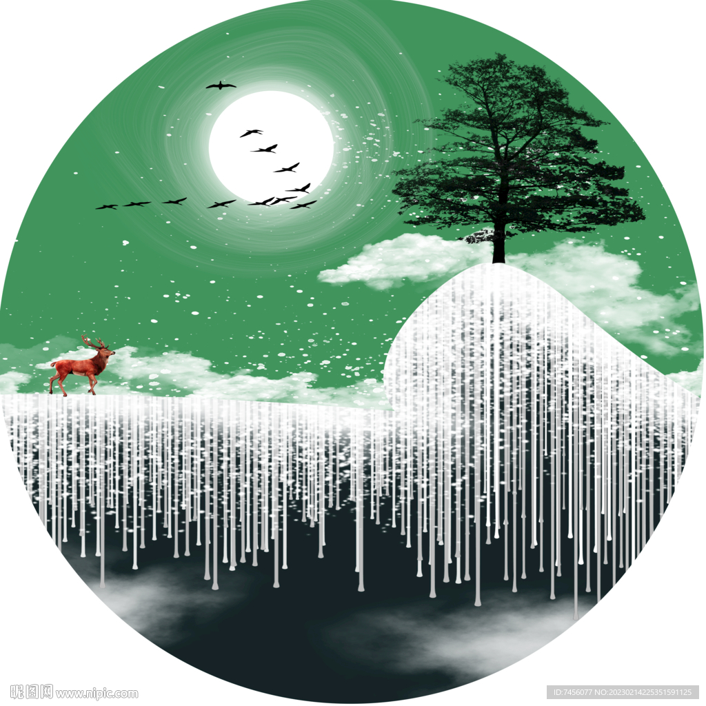 麋鹿大树山脉圆形挂画装饰画