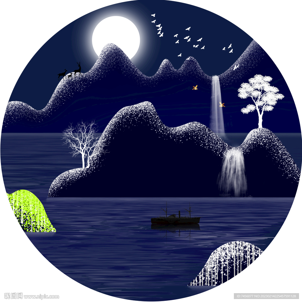 山水湖畔唯美圆形挂画装饰画