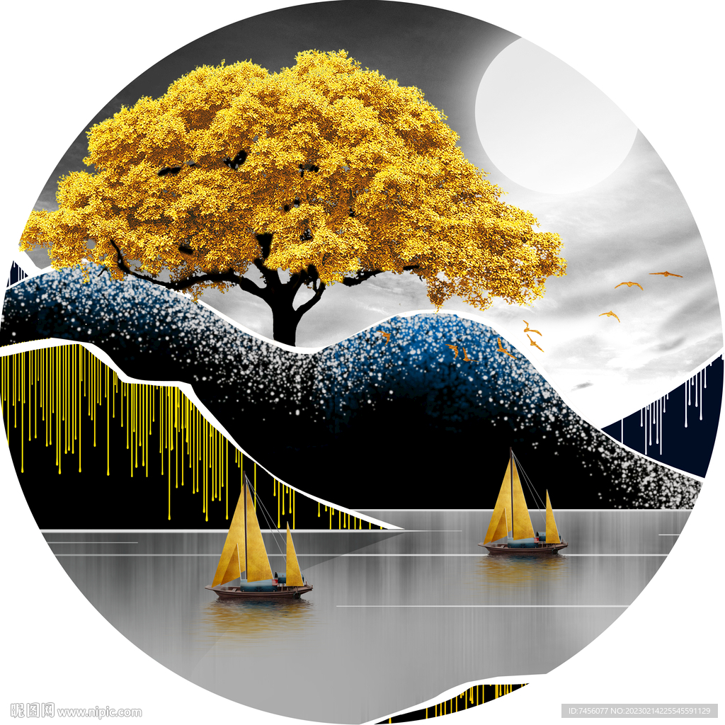 发财树湖畔美景圆形挂画