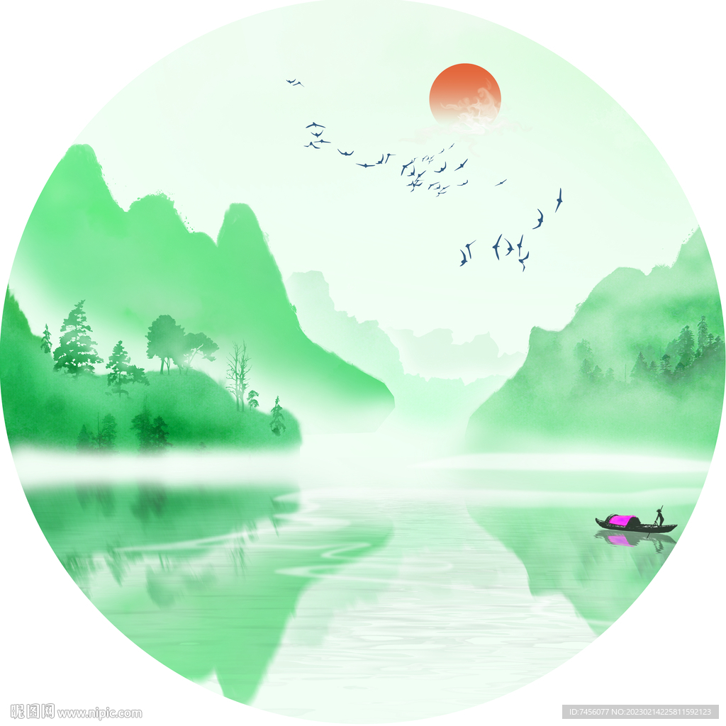 水墨湖畔绿色背景圆形挂画装饰画