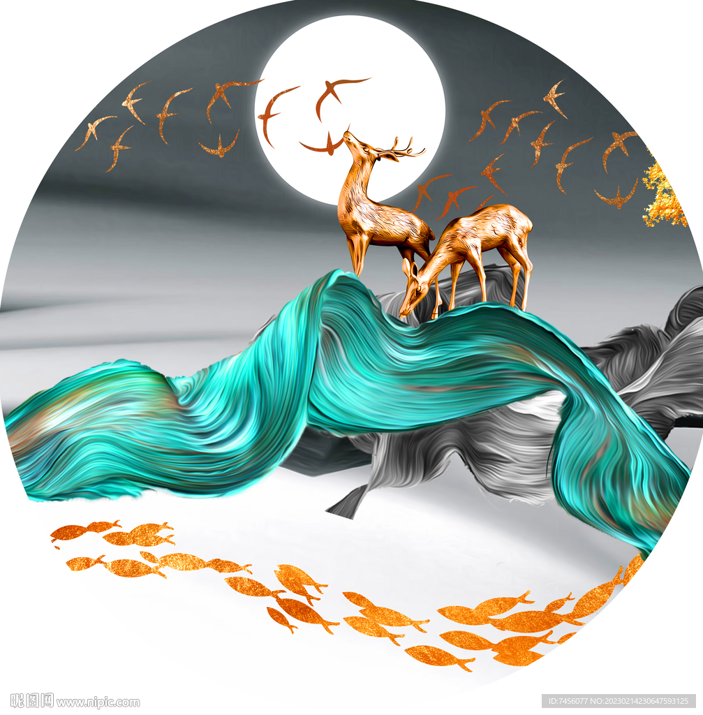 金色麋鹿湖畔圆形挂画装饰画
